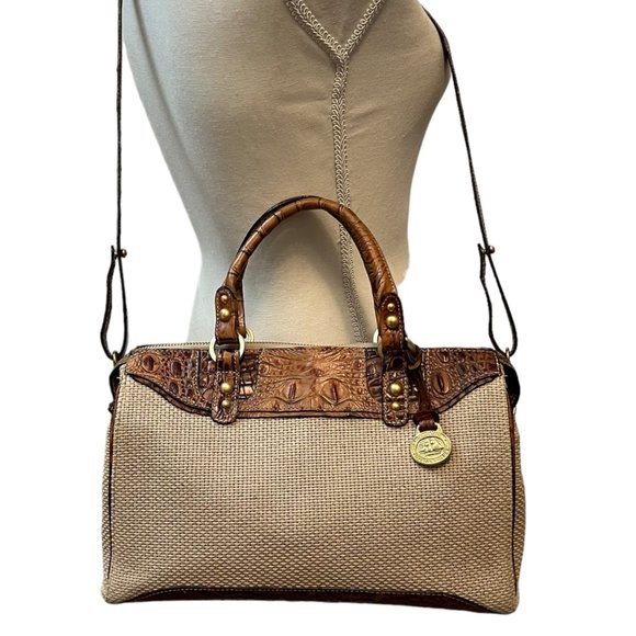 Brahmin Handbags - Brahmin Brown Croc Embossed Leather & Woven Top Handle Crossbody Handbag